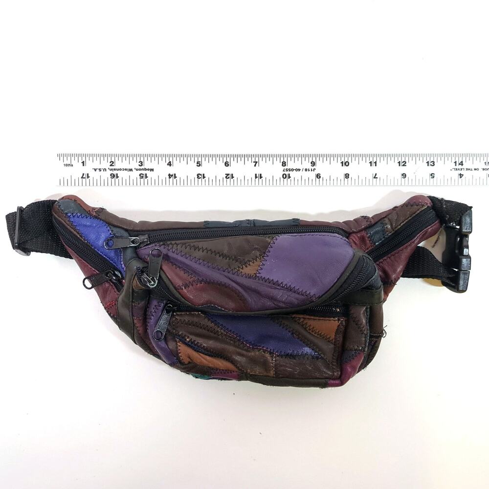 VTG Leather Patchwork Fanny Pack Brown Purple Blue Tan Belt Bag 9 x 5.5 x 3" 80s - Picture 4 of 10